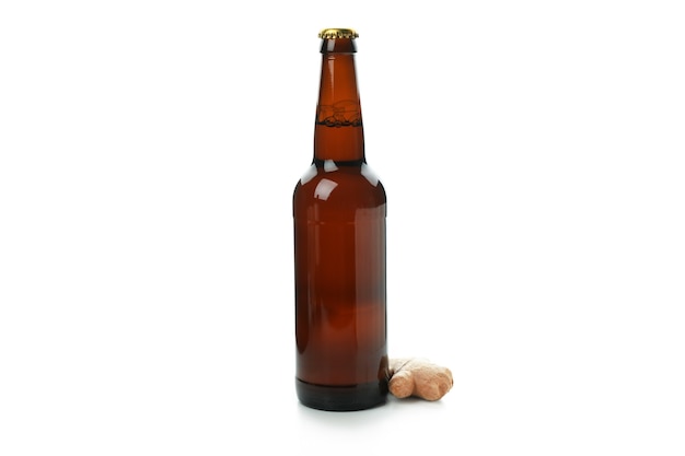 Photo bottle of ginger beer and ingredient isolated on white