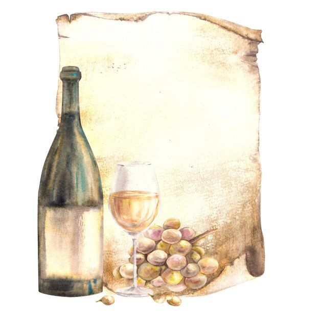 Photo a bottle and glass against a papyrus leaf paper watercolour painting illustration white background