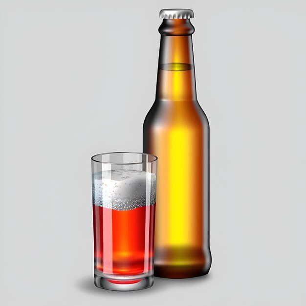 灰色の背景にあるビールのボトルとグラス 3D レンダリング