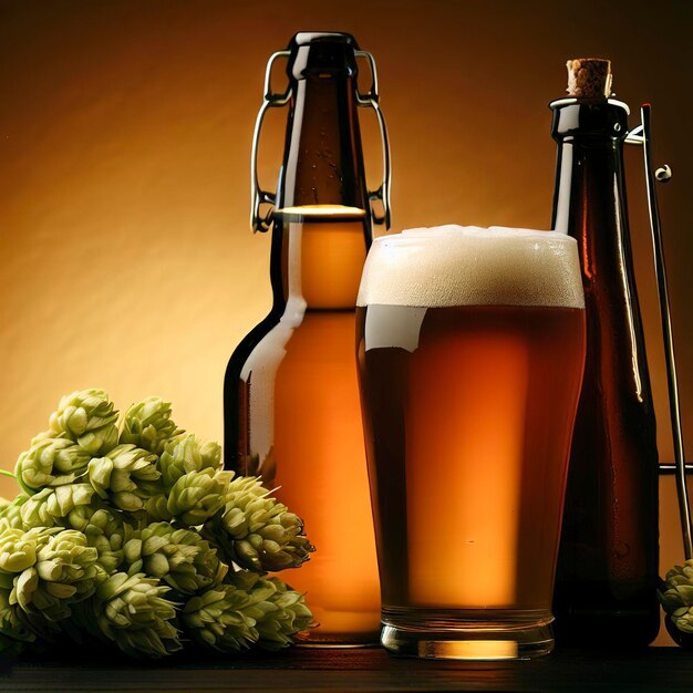 Bottle and Glass beer with Brewing ingredients Hop flower with wheat
