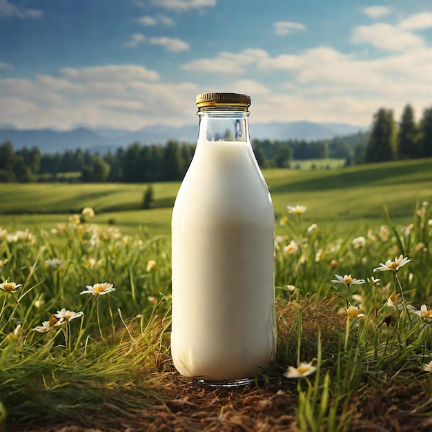 Bottle glass of milk in a grass field dairy