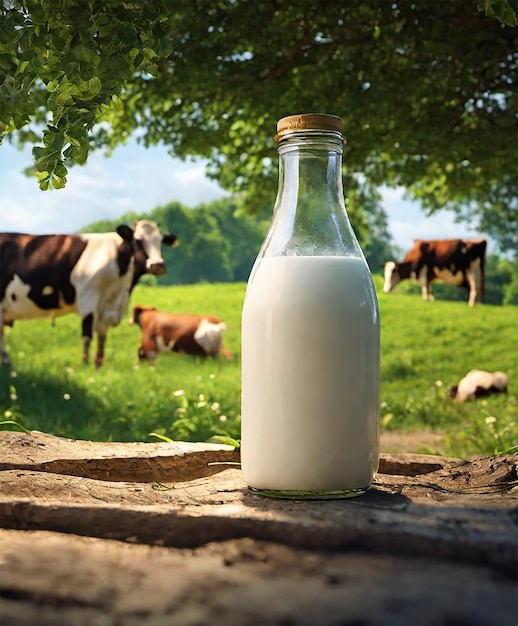 Bottle glass of milk in a grass field dairy