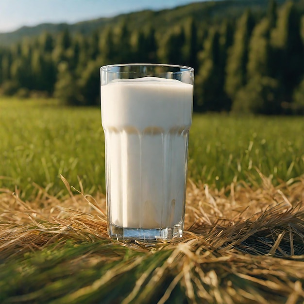 草原の酪農場のミルクのボトルグラス