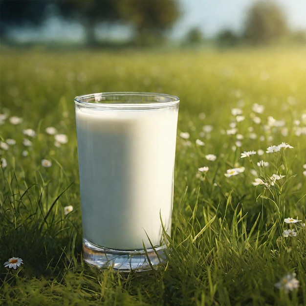 Bottle glass of milk in a grass field dairy