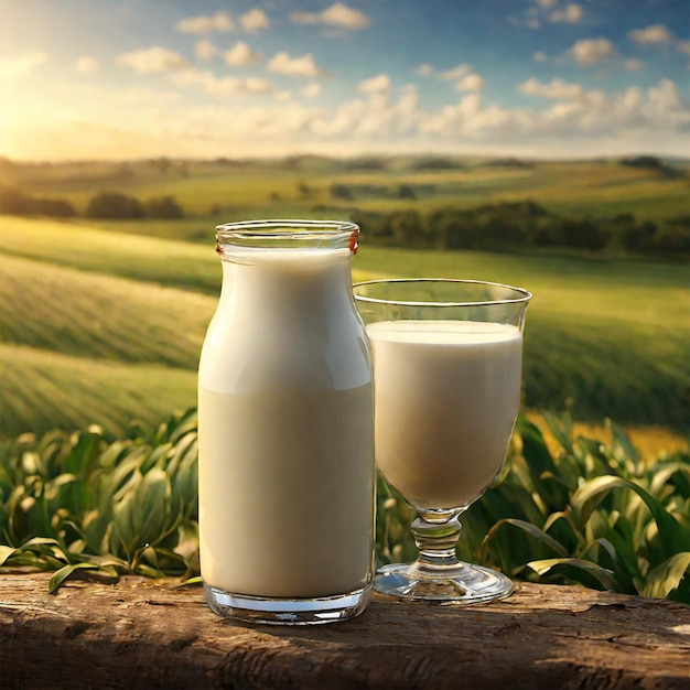 Bottle glass of milk in a grass field dairy