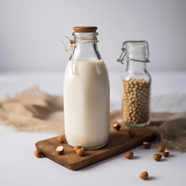 Photo bottle and glass of milk with nuts