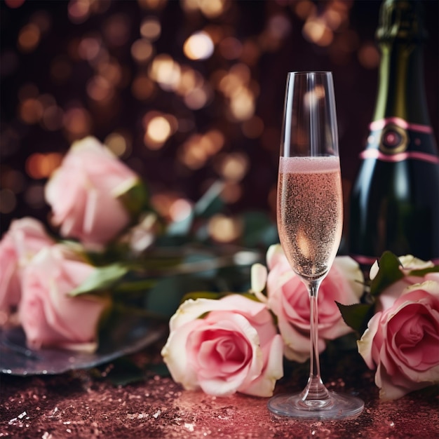 Bottle and glass of pink rose champagne with Glitte generated with ai