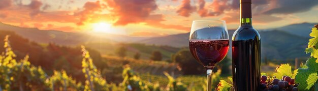 Photo a bottle and glass of red wine amidst vineyards during a stunning sunset