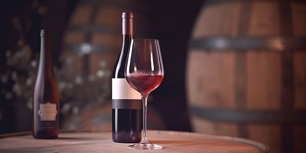Бутылка и бокал красного вина на фоне деревянных дубовых бочек в погребе винодельни сгенерированы AI
