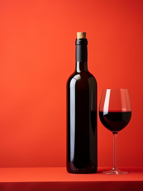 Bottle and glass of red wine on a red background copy space for your text