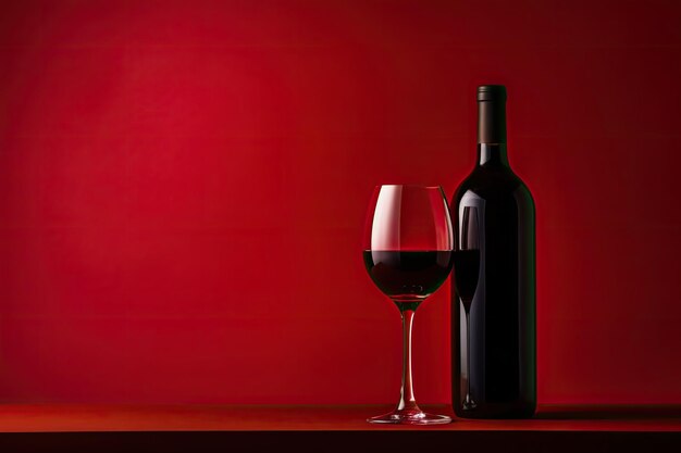 bottle and glass of red wine on a red background with copy spaceGenerative AI