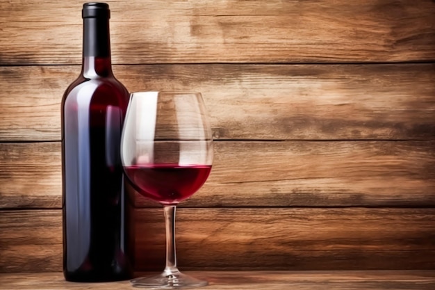 Бутылка и бокал красного вина на деревенском деревянном фоне, дегустация вин и винодельня, постобработка генеративного ай