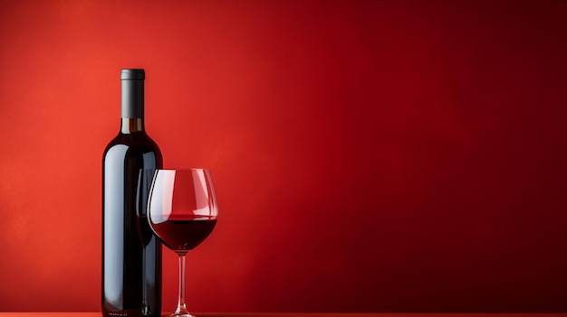 A bottle and a glass of red wine stand on a black mirror table Black and red background Generative AI