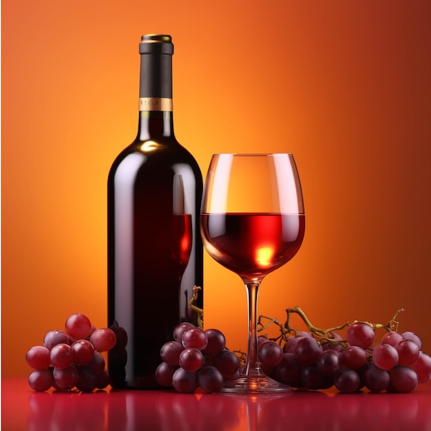 オレンジ色のグラデーションの背景にブドウと赤ワインのボトルとグラス