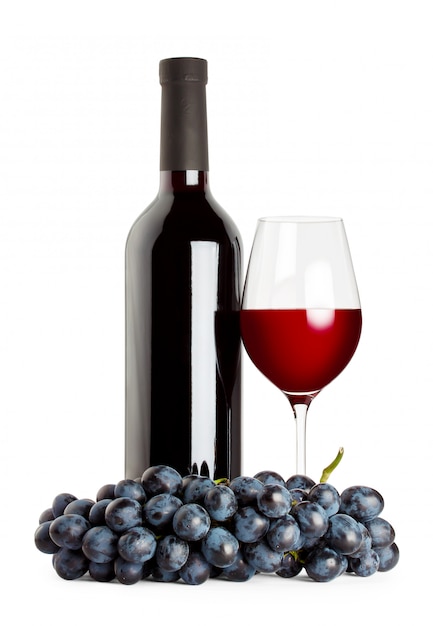 Bottle and glass of red wine with grapes