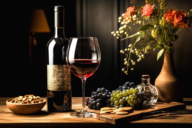 포도와 견과류가 있는 나무 테이블에 있는 레드 와인 한 병과 유리