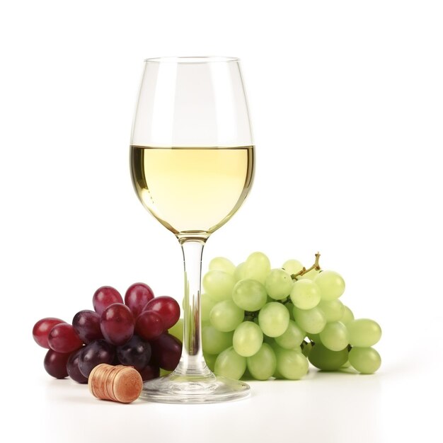 Photo bottle and glass of white wine and grapes on a white background