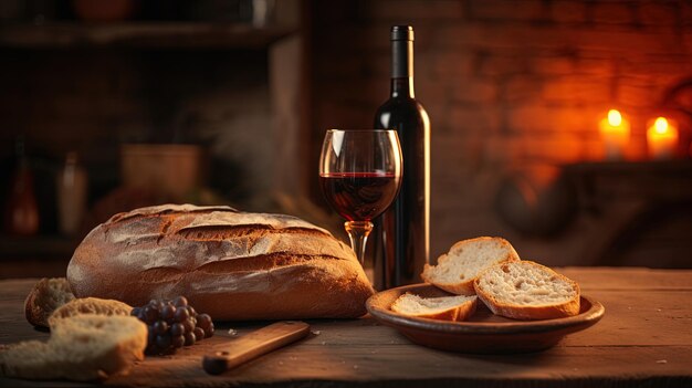 Photo a bottle and a glass of wine and bread on a wooden table