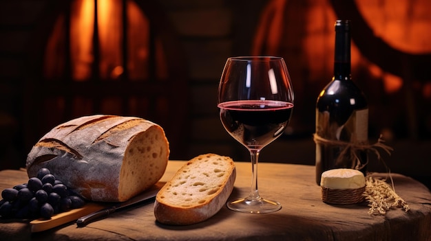 A bottle and a glass of wine and bread on a wooden table