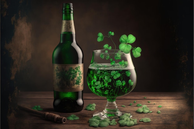 Bottle and glass with green beverage and many shamrocks Irish drink symbol of Saint Patrick's day