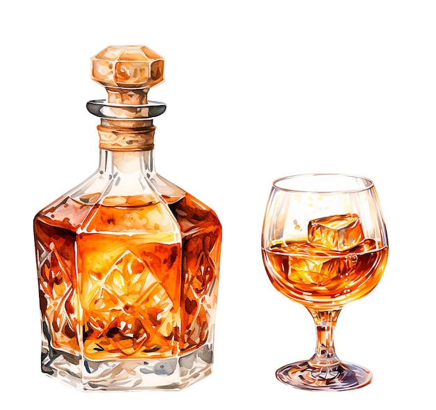 Foto bottiglia e bicchiere con whisky cognac acquerello vintage illustrazione con alcol