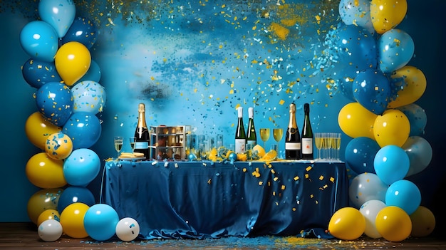병과 컵, 페인, 풍선, 스프리머, 테이블에 있는 콩페티, 새해 파티, 새년 파티, 축제