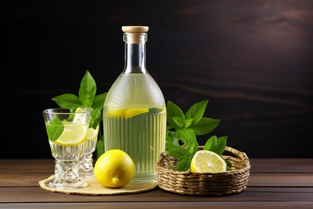 Bottle and glasses with lemon cocktail on shabby wooden table