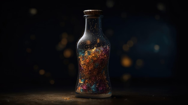 A bottle of glitter is filled with colorful glitter.