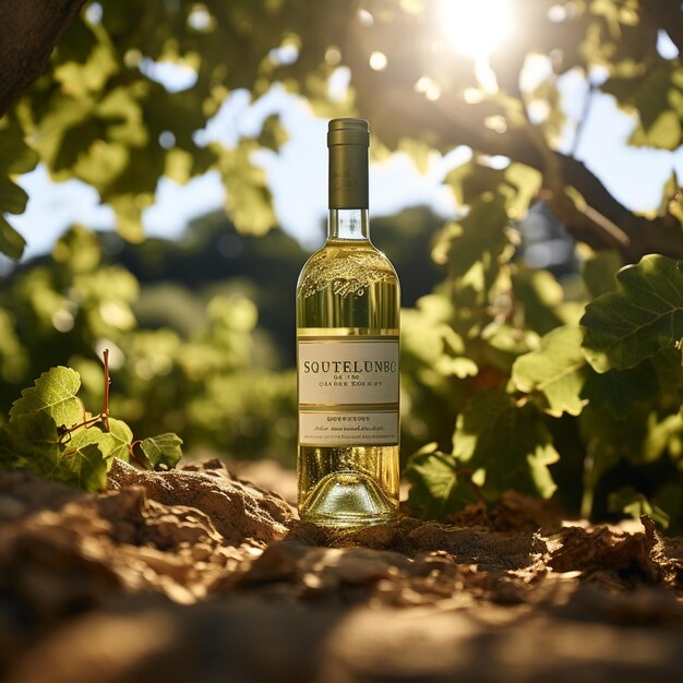 A bottle of goblet wine sits in a field