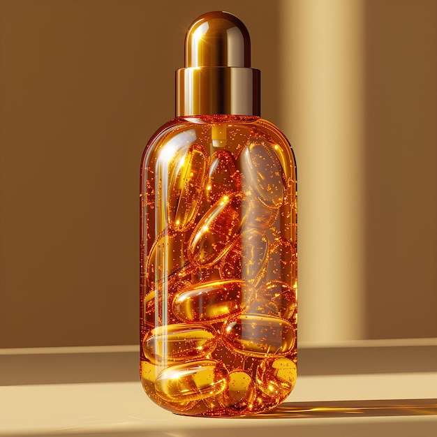 Photo a bottle of gold colored liquid with a gold cap on a table with a light brown background and a gold