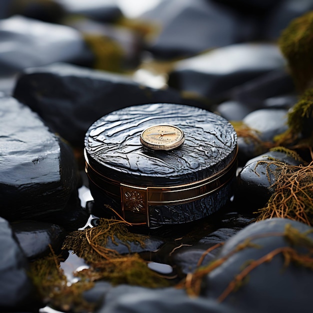 a bottle of gold sits on a rock with a black plastic wrap around it