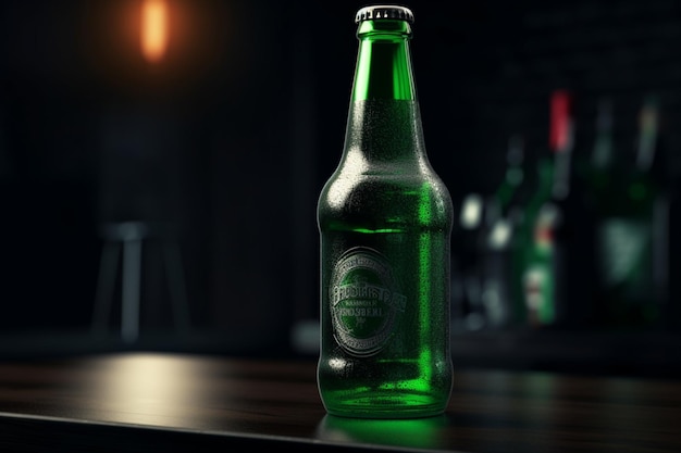 A bottle of green alcohol with a label that says'heineken'on it