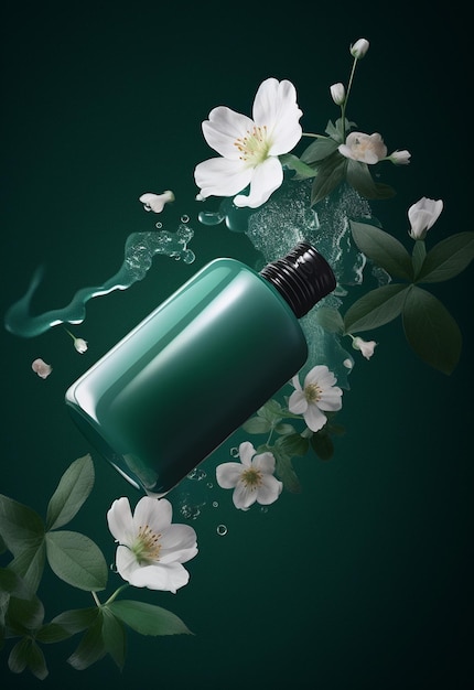 Photo a bottle of green color with a white flower on the bottom.