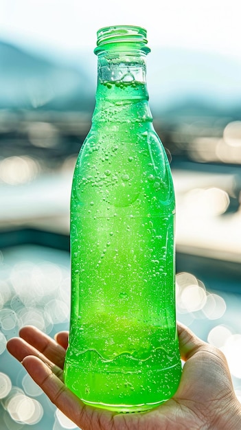 Photo bottle of green drink in your hand