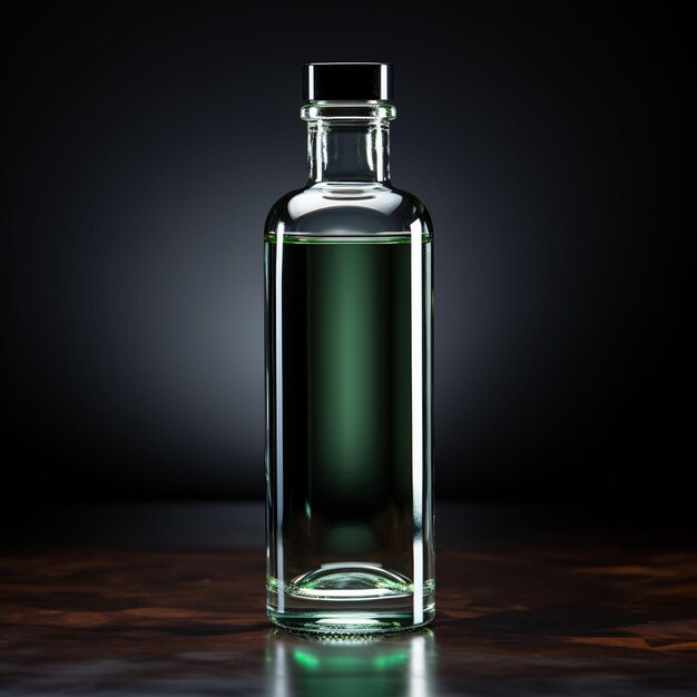 a bottle of green liquid sits on a table.