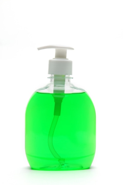 Bottle of green liquid soap isolated on white