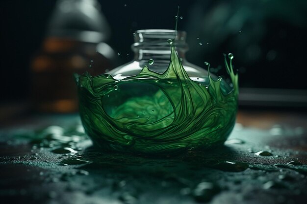 A bottle of green liquid with a green liquid in it.