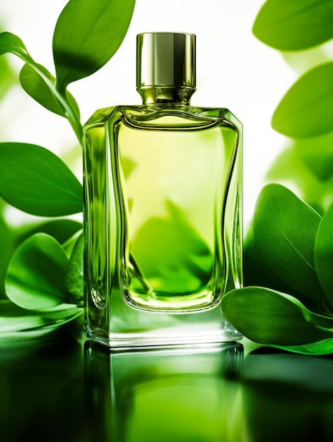 Бутылка зеленых духов стоит на столе рядом с зелеными листьями Генеративный ИИ