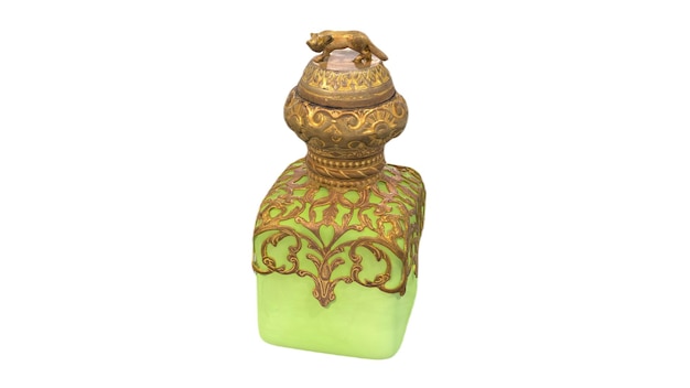 A bottle of green perfume with a golden bear on the top.