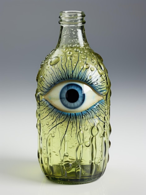 A bottle of green poison with an human eye on it