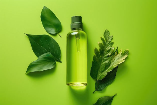 A bottle of green shampoo with leaves on a green background