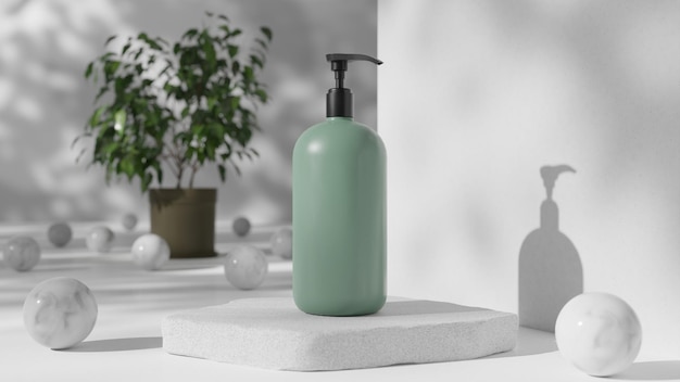 A bottle of green soap with a black handle sits on a white countertop.