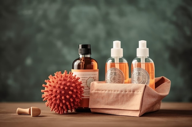 A bottle of hand sanitizer sits next to a spray bottle.