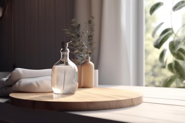 A bottle of hand sanitizer next to a wooden tray with a plant in the background.