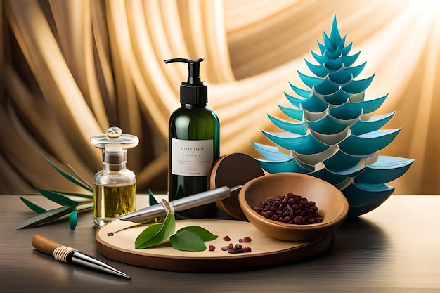 A bottle of hand soap next to a bowl of olive oil and a bowl of olive oil.