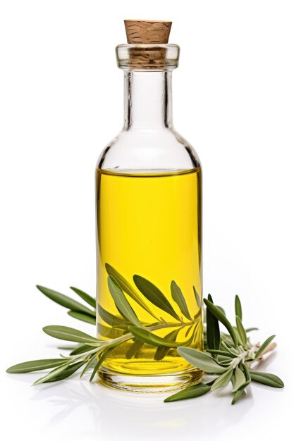 Bottle of handmade olive oil with tarragon on a white background