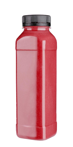 Bottle of healthy red smoothie on white
