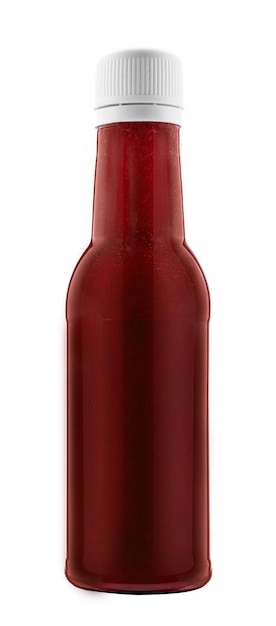 Bottle of healthy red smoothie on white