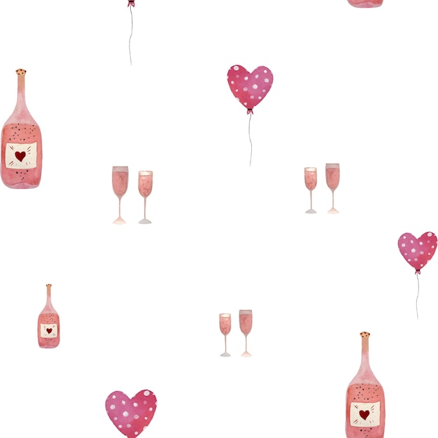 Photo bottle heart glass balloon pink pattern. a watercolor illustration. hand drawn texture. isolated.