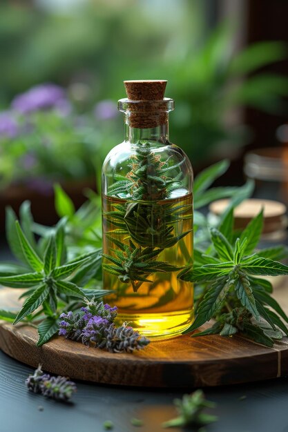 Bottle of hemp oil with cannabis and flowers